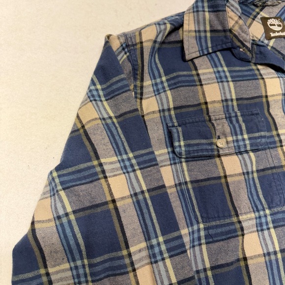 Timberland Men's Medium Flannel Shirt Blue / Beige Plaid 100% Cotton Workwear - Picture 7 of 16